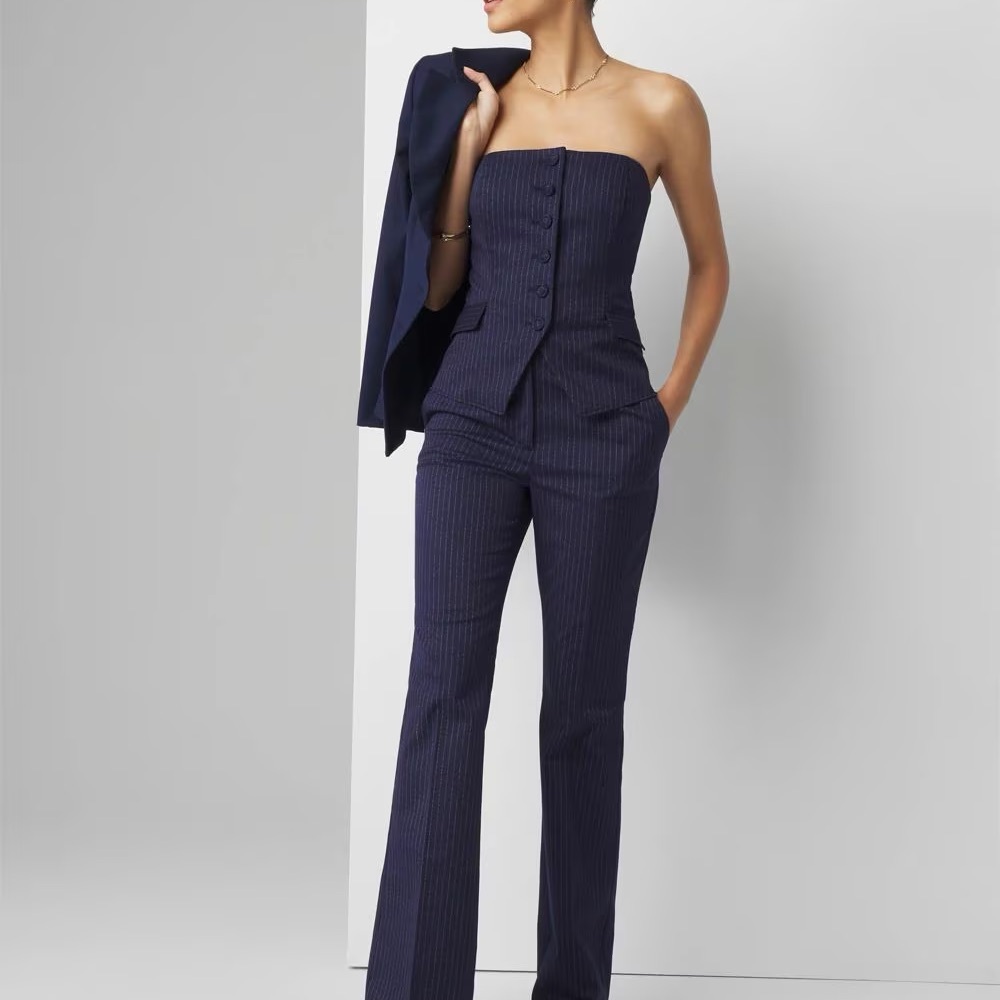 Versatile Navy Pinstriped Strapless Bustier and Pant Set